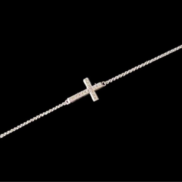 Sterling Silver Cubic Zirconia Sideways Cross Necklace - Picture 2 of 5